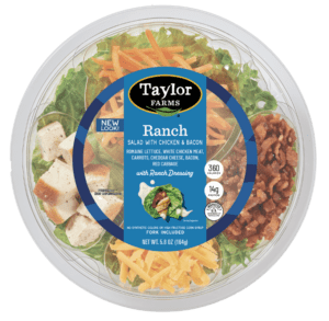 Fresh Taylor Farms Ranch Salad in a ready-to-eat bowl with crisp vegetables and ranch dressing.