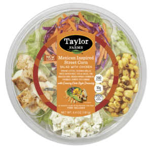 Mexican-style salad bowl with fresh vegetables, beans, and dressing, ready to eat from Taylor Farms.