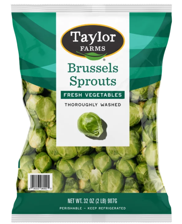 The Taylor Farms Brussels Sprouts package showing fresh whole Brussels sprouts in a sealed plastic bag.