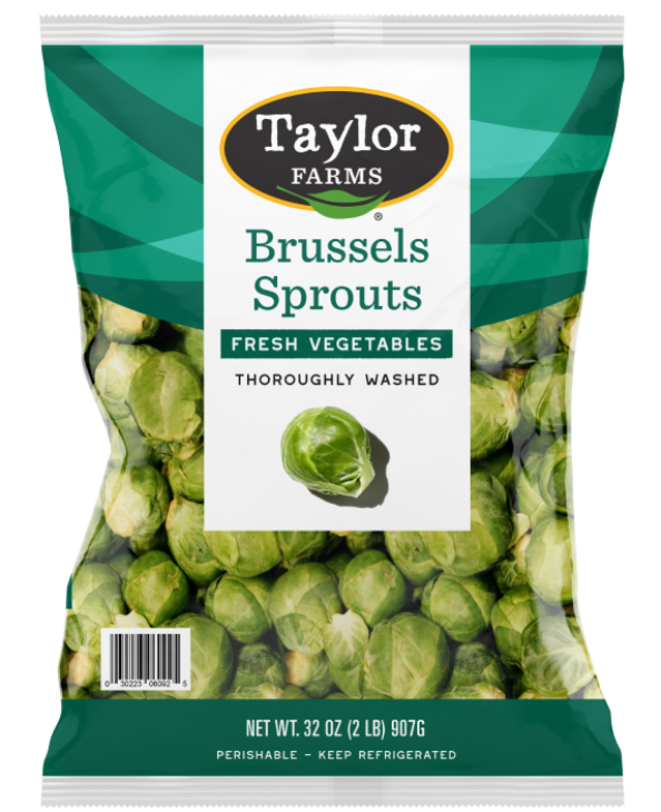 The Taylor Farms Brussels Sprouts package showing fresh whole Brussels sprouts in a sealed plastic bag.