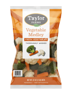 A 32-ounce package of Taylor Farms Vegetable Medley, with fresh raw carrots, broccoli, and cauliflower