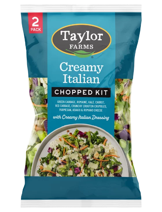 Taylor Farms Creamy Italian Chopped Salad Kit, with crunchy romaine, red and green cabbage, crouton crumble, and Italian shaved cheeses, including flavorful parmesan, romano, and asiago cheese.