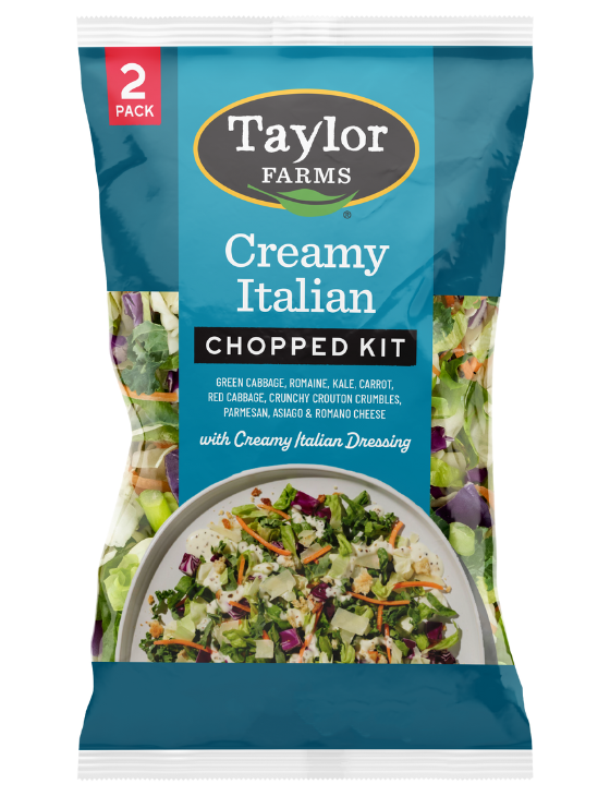 Taylor Farms Creamy Italian Chopped Salad Kit, with crunchy romaine, red and green cabbage, crouton crumble, and Italian shaved cheeses, including flavorful parmesan, romano, and asiago cheese.