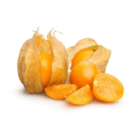group of golden berries in a husk and cut up on a white background