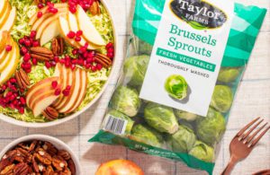 Taylor Farms brussels sprouts shredded in a dish with a package