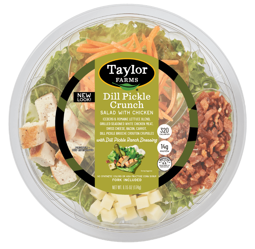 Dill Pickle Crunch Salad in a ready-to-eat bowl by Taylor Farms, featuring fresh greens and crunchy toppings.