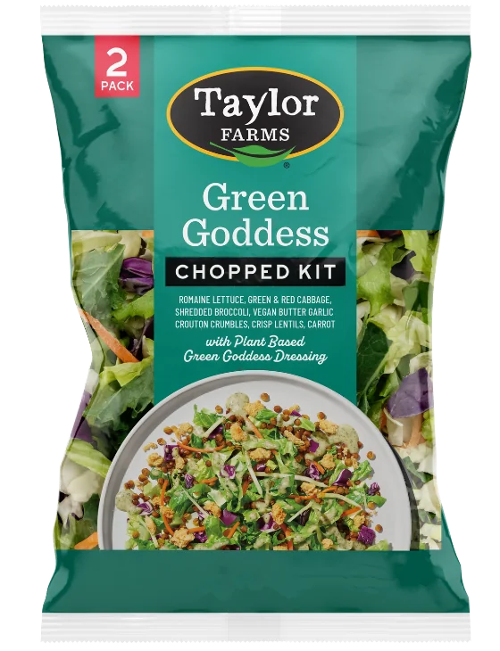 The Green Goddess Chopped Salad Kit 2-pack with romaine lettuce, green and red cabbage, broccoli, carrot, plant-based butter crouton crumbles, crisp lentils, and plant-based green goddess dressing.