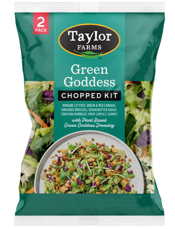 The Green Goddess Chopped Salad Kit 2-pack with romaine lettuce, green and red cabbage, broccoli, carrot, plant-based butter crouton crumbles, crisp lentils, and plant-based green goddess dressing.