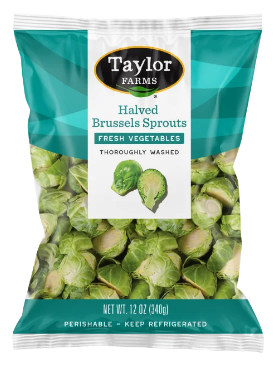 The Taylor Farms Halved Brussels Sprouts package showing fresh halved Brussels sprouts in a sealed plastic bag.
