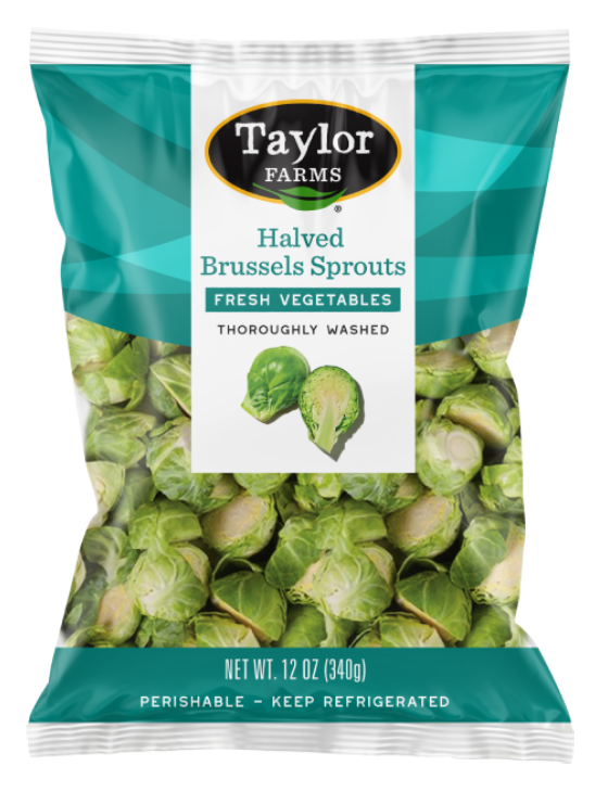 The Taylor Farms Halved Brussels Sprouts package showing fresh halved Brussels sprouts in a sealed plastic bag.