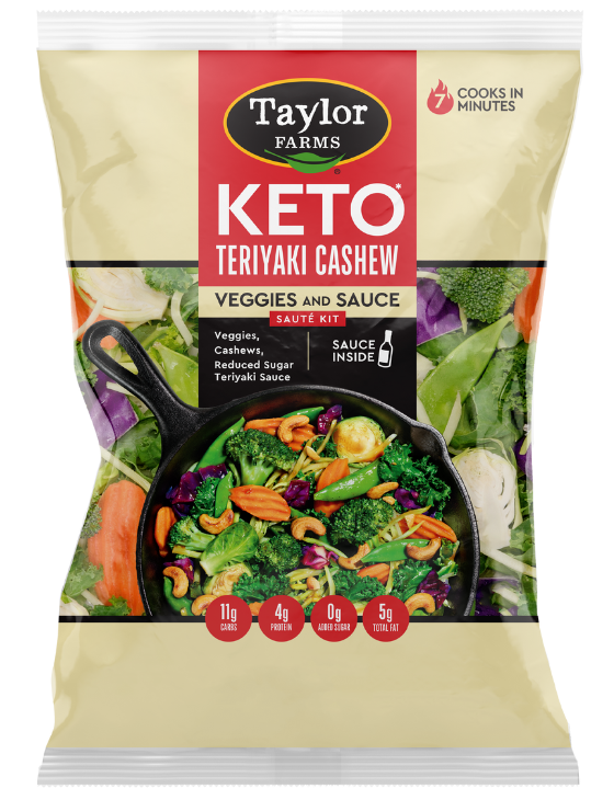 The Keto Teriyaki Cashew Saute Kit package, showing broccoli, Brussels sprouts, red cabbage, kale, carrot, and snap peas, which are cooked and topped off with cashews and a reduced sugar teriyaki sauce.