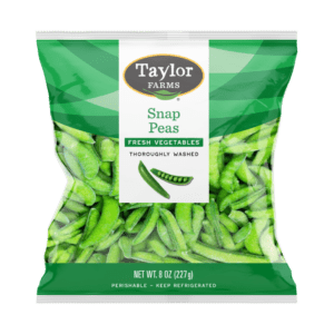 Fresh snap peas in a convenient packaging from Taylor Farms, perfect for healthy snacking and cooking.