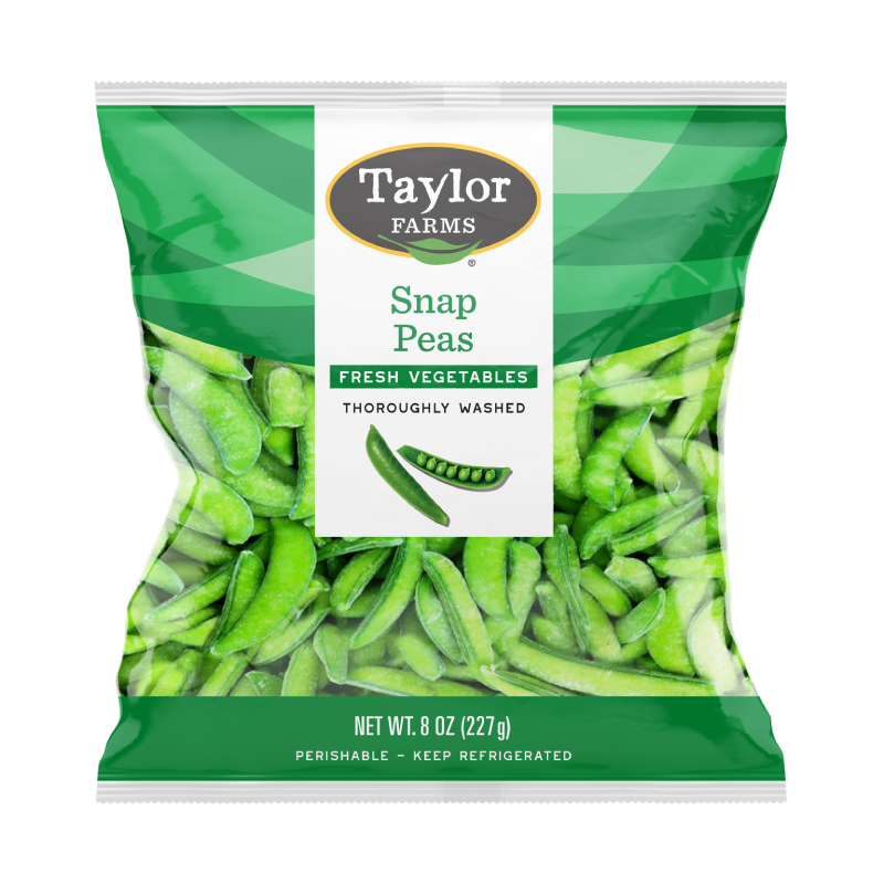 The bag of fresh Taylor Farms Snap Peas in a sealed package.