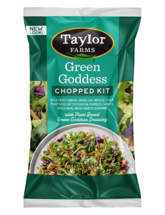 The Green Goddess Chopped Salad Kit package with green leaf lettuce, red and savoy cabbage, broccoli, carrot, green onion, vegan butter crouton crumbles, green goddess seasoning, and plant-based green goddess dressing.