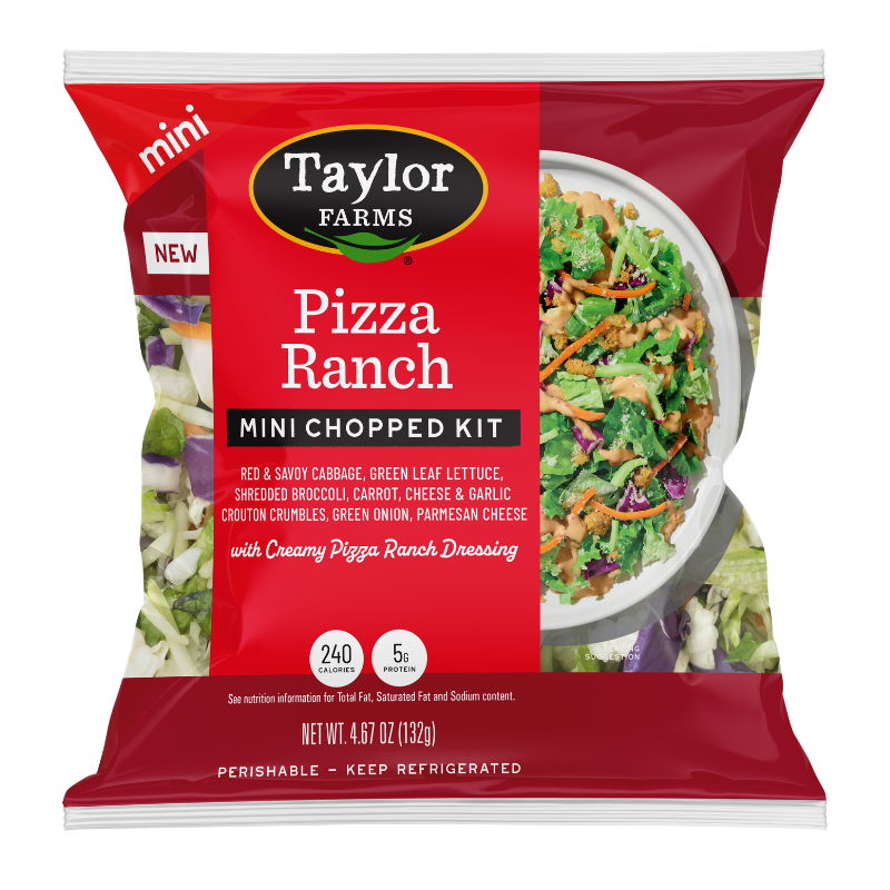 The Taylor Farms Pizza Ranch Mini Chopped Salad Kit package, showing red and savoy cabbage, green leaf lettuce, shredded broccoli, carrots, green onions, cheese and garlic crouton crumbles, parmesan cheese, and creamy Pizza Ranch Dressing.