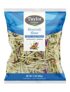 The Taylor Farms Broccoli Slaw package, showing shredded broccoli, red cabbage, and shredded carrots.
