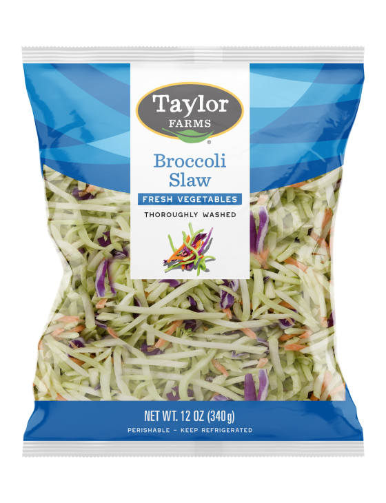 The Taylor Farms Broccoli Slaw package, showing shredded broccoli, red cabbage, and shredded carrots.