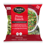 Taylor Farms Pizza Ranch Mini Chopped Salad Kit featuring fresh vegetables and toppings in a convenient packaging.