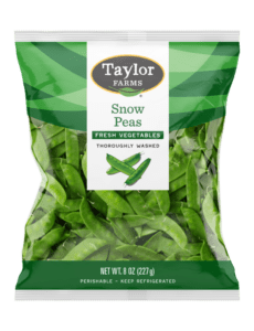 The Taylor Farms Snow Peas package, showing fresh, untrimmed snow peas.