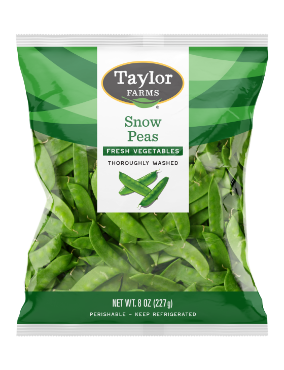 The Taylor Farms Snow Peas package, showing fresh, untrimmed snow peas.