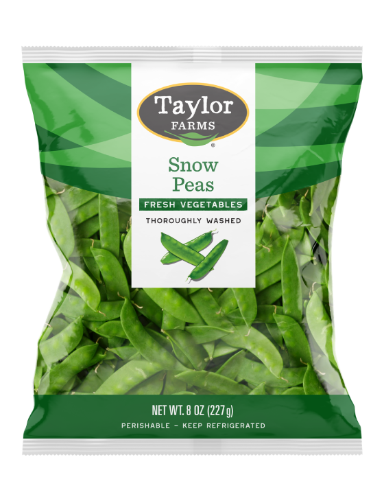 The Taylor Farms Snow Peas package, showing fresh, untrimmed snow peas.