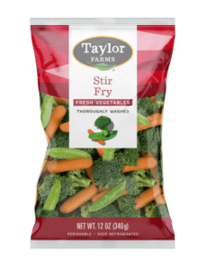 The Taylor Farms Stir Fry package, showing broccoli, carrots, and snow peas.