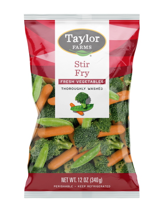 The Taylor Farms Stir Fry package, showing broccoli, carrots, and snow peas.