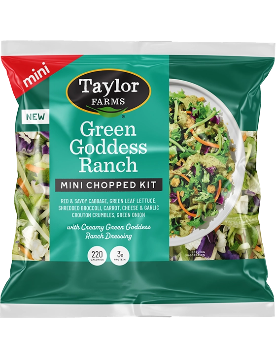 Taylor Farms Green Goddess Ranch mini chopped salad kit with fresh vegetables and dressing.