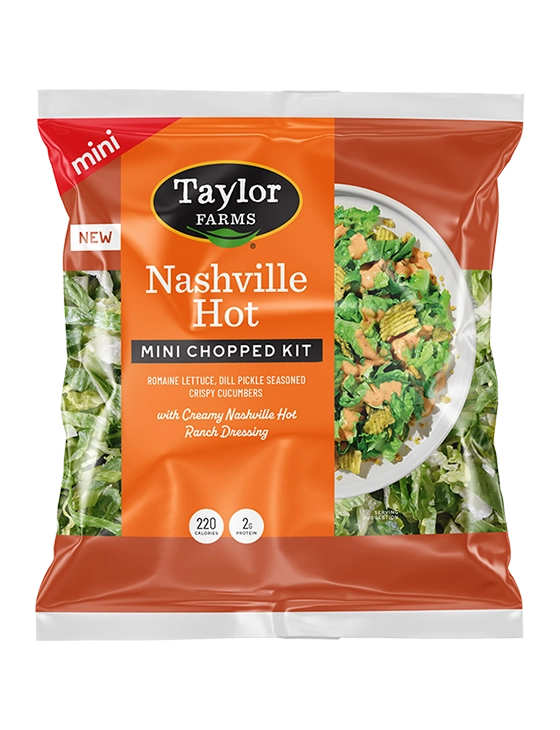Nashville hot mini chopped salad kit by Taylor Farms featuring fresh greens, spicy flavors, and savory toppings.
