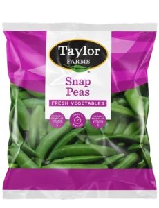 Fresh snap peas packaged with vibrant green design, highlighting nutritious snack options from Taylor Farms.