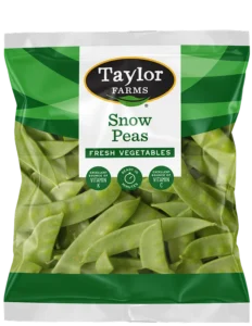 Fresh, packaged snow peas with vibrant green color, showcasing healthy snacking options by Taylor Farms.