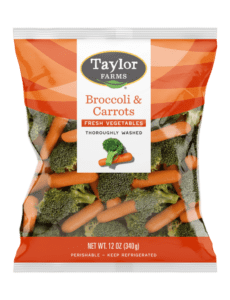 The Taylor Farms Broccoli & Carrots package, showing broccoli florets and baby carrots.