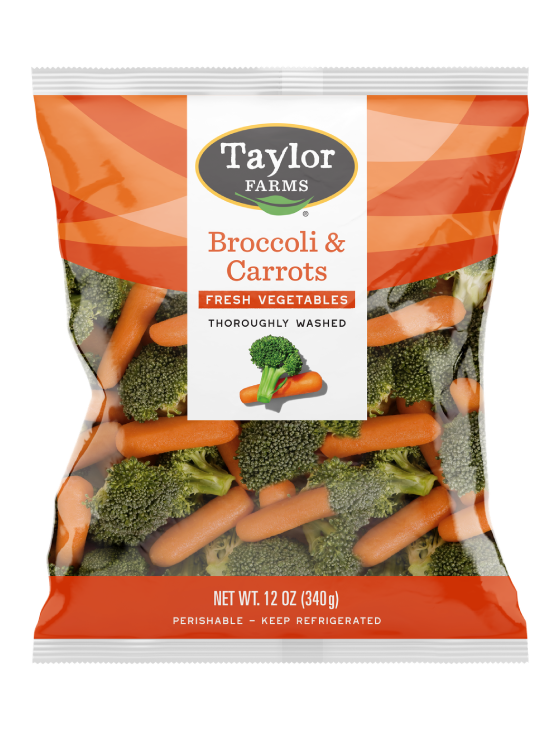 The Taylor Farms Broccoli & Carrots package, showing broccoli florets and baby carrots.