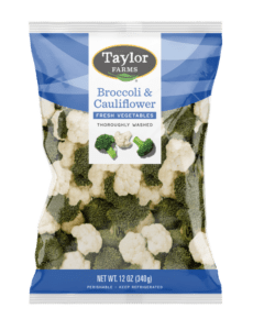 The Taylor Farms Broccoli Cauliflower package, showing trimmed broccoli and cauliflower florets.