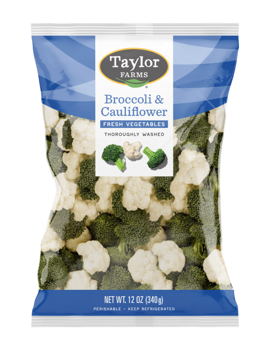 The Taylor Farms Broccoli Cauliflower package, showing trimmed broccoli and cauliflower florets.
