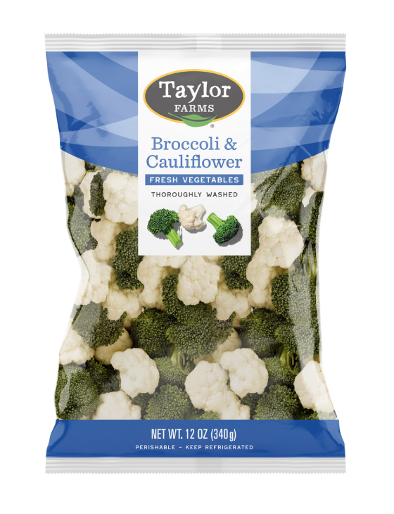 The Taylor Farms Broccoli Cauliflower package, showing trimmed broccoli and cauliflower florets.