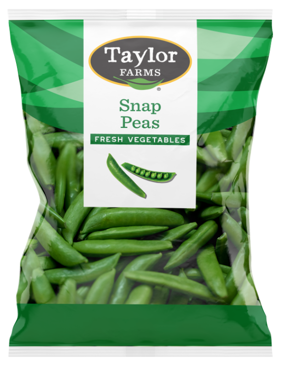 The bag of fresh Taylor Farms Snap Peas in a sealed package.