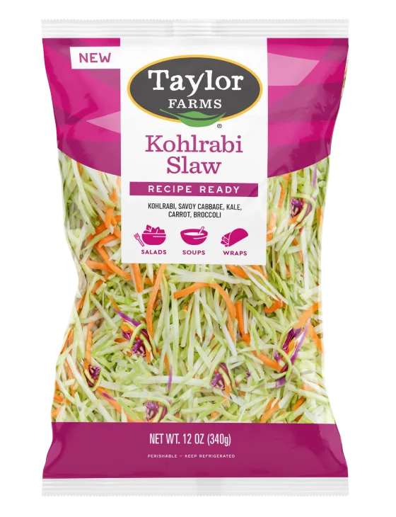 The Taylor Farms Kohlrabi Slaw package, showing shredded kohlrabi, savoy cabbage, kale, carrot, and broccoli.