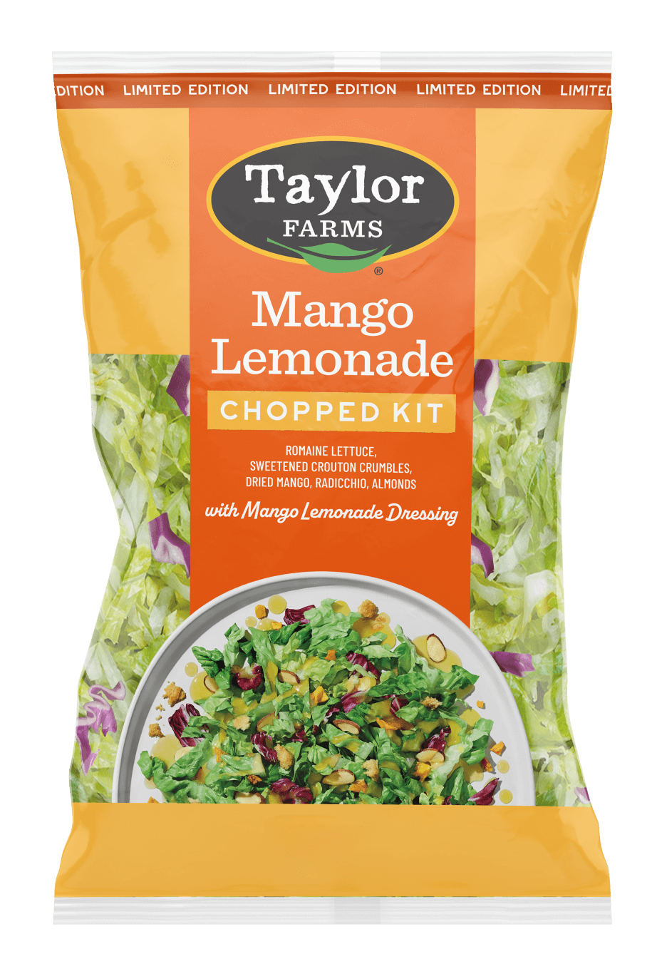 The Taylor Farms Mango Lemonade Chopped Salad Kit package, showing romaine lettuce, radicchio, sliced almonds, crouton crumbles, dried mango pieces, and the mango lemonade vinaigrette.