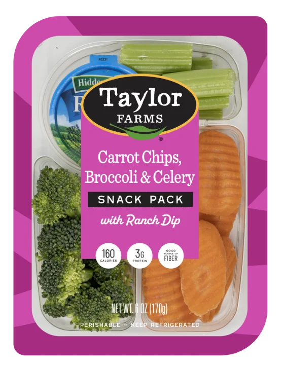 The hot pink package of 6 single-serving Taylor Farms Snack Packs with Carrot Chips, Broccoli & Celery.