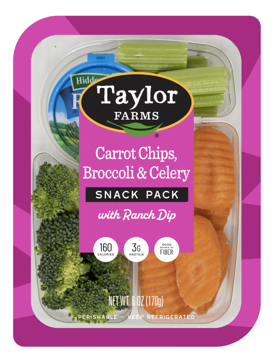 The hot pink package of 6 single-serving Taylor Farms Snack Packs with Carrot Chips, Broccoli & Celery.