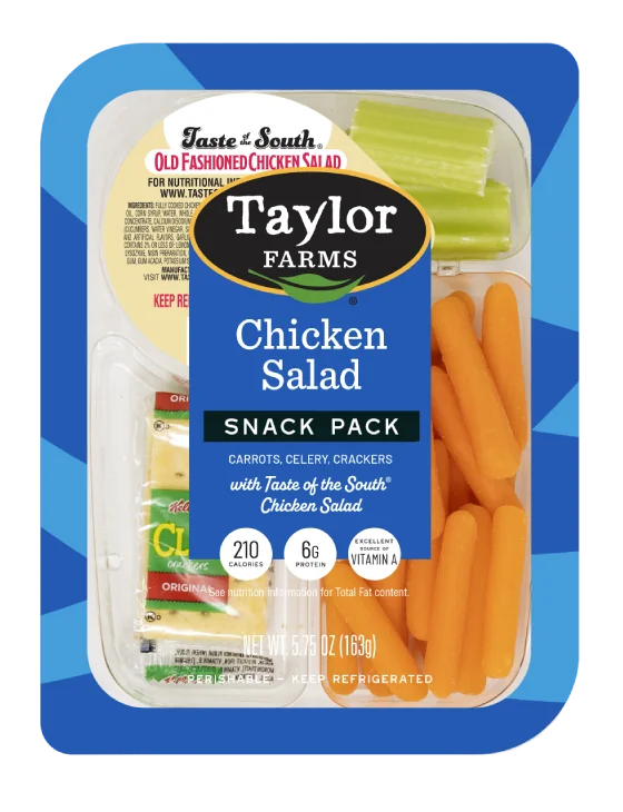 The Taylor Farms Chicken Salad Snack Pack package, showing celery, carrots, Kellogg's® Club® Crackers, and Taste of the South® Chicken Salad.