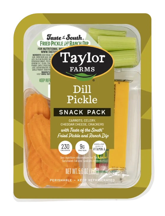 The Taylor Farms Veggies with Roasted Red Pepper Hummus Snack Pack package, showing celery, cheddar cheese, crackers, and the container of Taste of the South® ranch dip.