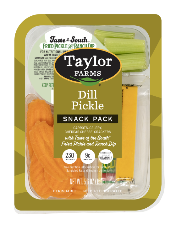 The Taylor Farms Veggies with Roasted Red Pepper Hummus Snack Pack package, showing celery, cheddar cheese, crackers, and the container of Taste of the South® ranch dip.