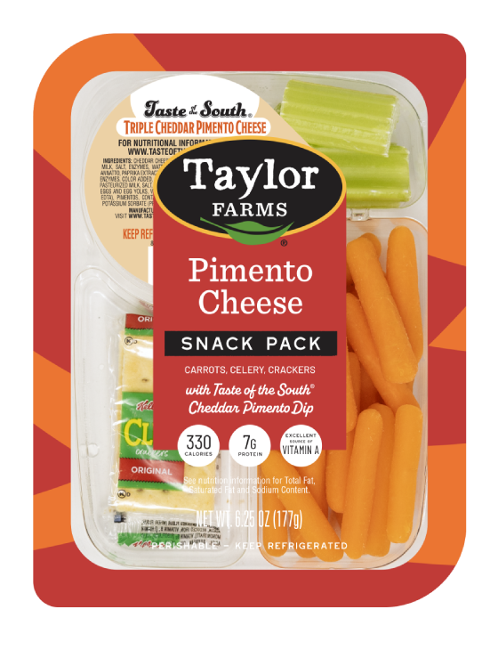 The Taylor Farms Pimento Cheese Snack Pack package, showing celery, carrots, Kellogg's® Club® Crackers, and Taste of the South® Triple Cheddar Pimento Cheese.