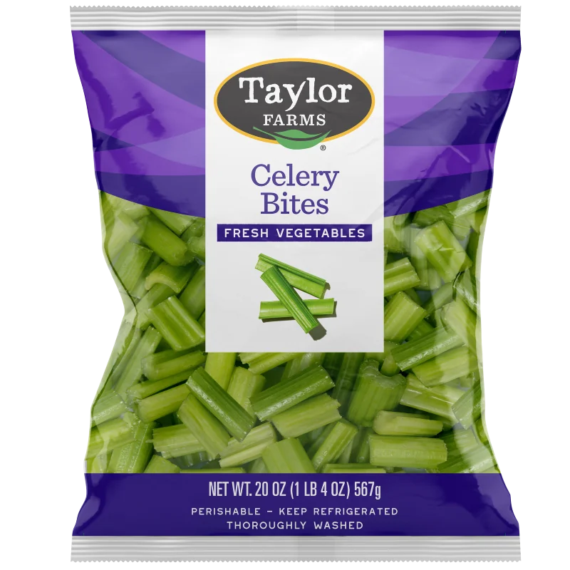 The Taylor Farms Celery Bites package, showing pieces of cut-up celery.