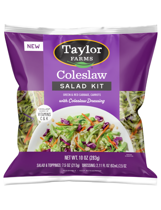 The Taylor Farms Coleslaw Salad Kit package, showing shredded green and red cabbage, carrots, and the included coleslaw dressing.