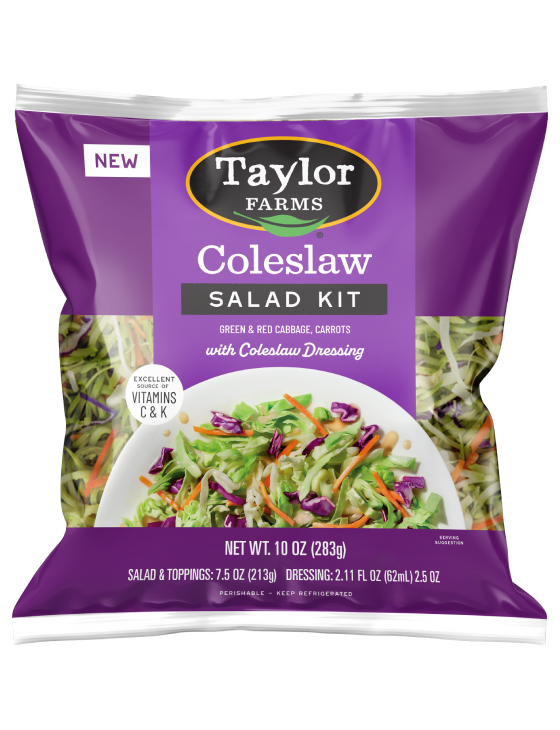 The Taylor Farms Coleslaw Salad Kit package, showing shredded green and red cabbage, carrots, and the included coleslaw dressing.