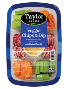 The Taylor Farms Veggie Tray Peel and Reseal package, showing radish chips, carrot chips, celery bites, and Buffalo Bleu Dip.