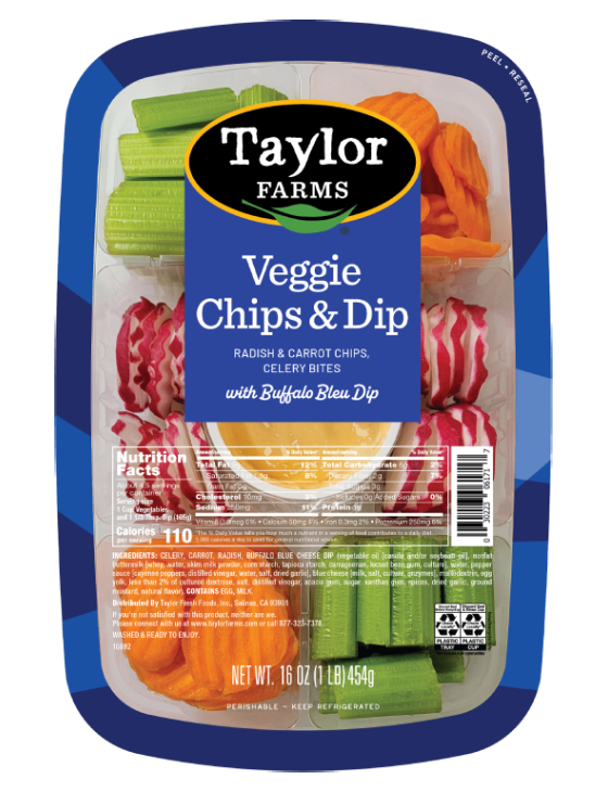 The Taylor Farms Veggie Tray Peel and Reseal package, showing radish chips, carrot chips, celery bites, and Buffalo Bleu Dip.